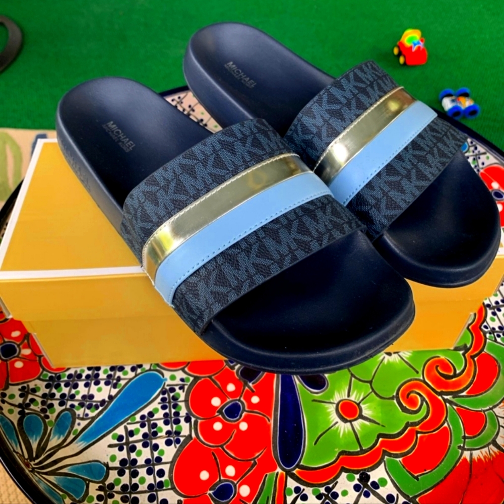 Michael Kors Navy and Silver signature slide sandle
